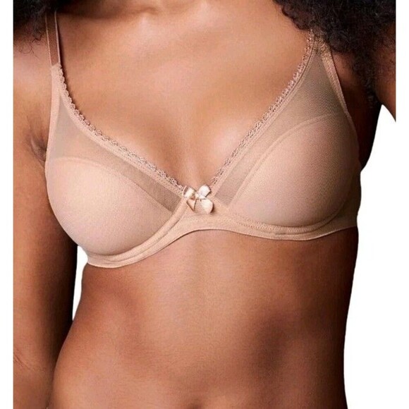Journelle Victoire Mesh Bra Size 30E Beige  Underwire Padded Plunge Bra  Praline - Picture 1 of 10